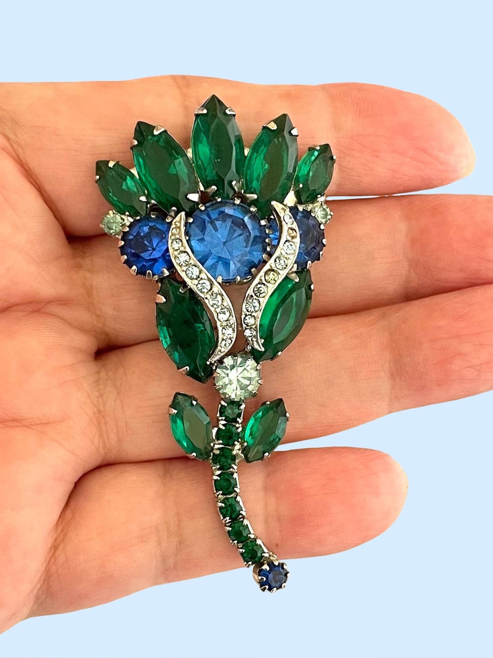 Vintage Mid-Century Sapphire Blue And Emerald Green Rhinestone Flower Brooch